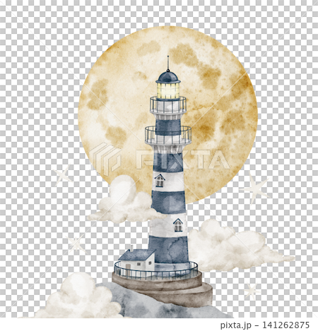 Lighthouse with full moon, clouds and stars watercolor illustration. Isolated Beacon in the sky. Fantasy celestial maritime composition for nursery poster and childish storybook. Art with tower. Lighthouse with full moon, clouds and stars watercolor illustration. Isolated Beacon in the sky. Fantasy celestial maritime composition for nursery poster and childish storybook. Art with tower. 141262875