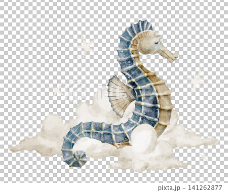 Seahorse with clouds and stars watercolor illustration. Animal in sky on isolated background. Fantasy marine creature for nursery poster and ocean baby storybook. Art for childish design. Seahorse with clouds and stars watercolor illustration. Animal in sky on isolated background. Fantasy marine creature for nursery poster and ocean baby storybook. Art for childish design. 141262877