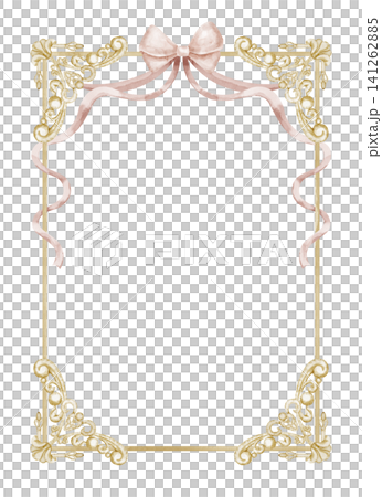 Watercolor wrought iron frame with pink ribbon border. Illustration of golden border for wedding invitations, stationery and feminine branding projects. Template for greeting cards. Watercolor wrought iron frame with pink ribbon border. Illustration of golden border for wedding invitations, stationery and feminine branding projects. Template for greeting cards. 141262885