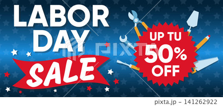Patriotic Labor Day sale banner featuring American style background, construction tools, and bold typography, highlighting a fifty percent discount offer, ideal for retail stores to attract customers Patriotic Labor Day sale banner featuring American style background, construction tools, and bold typography, highlighting a fifty percent discount offer, ideal for retail stores to attract customers 141262922
