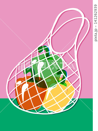 Vector Illustration of Bell Peppers in a Reusable Mesh Net Bag 141262939