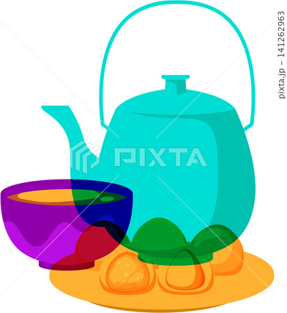 Teapot and Bowl with Traditional Snacks in Risograph Style Illustration 141262963