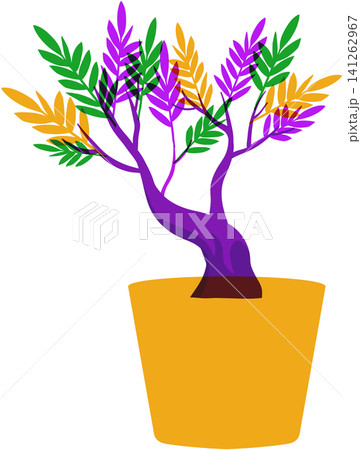 Stylized Potted Bonsai Tree Illustration in Vibrant Risograph Print Style 141262967