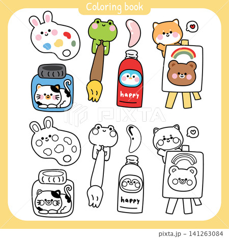 Coloring book.Set of cute animals cartoon in stationery art.Paiting.Drawn.Brush.Color.Rabbit Coloring book.Set of cute animals cartoon in stationery art.Paiting.Drawn.Brush.Color.Rabbit 141263084