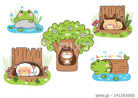Set of cute cartoon animals living in tree stumps and wooden hollow logs Set of cute cartoon animals living in tree stumps and wooden hollow logs 141263088