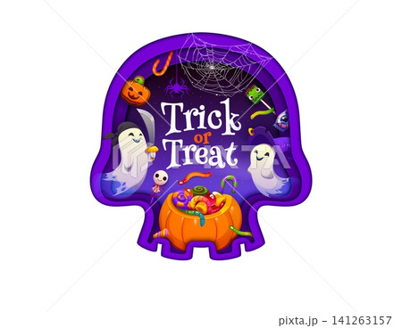 Halloween paper cut skull silhouette with cute ghosts, pumpkin bucket and candy lollipops. Vector candy gummy worms, lantern and spider cobweb for trick or treat Halloween holiday in paper cut banner 141263157