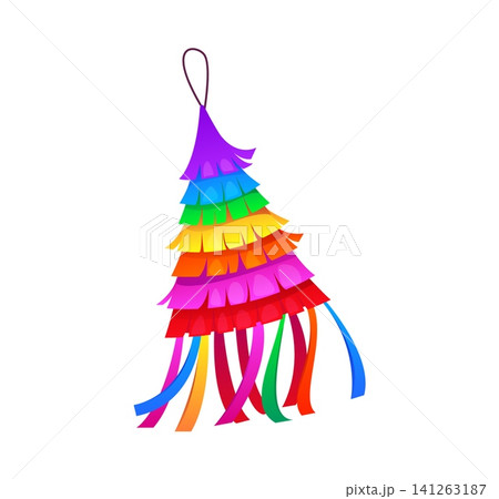 Mexican pinata, birthday or holiday carnival party game toy, cartoon vector icon. Mexican holiday pinata with colorful ribbons for kids birthday gift surprise game on fiesta party of Mexico tradition Mexican pinata, birthday or holiday carnival party game toy, cartoon vector icon. Mexican holiday pinata with colorful ribbons for kids birthday gift surprise game on fiesta party of Mexico tradition 141263187