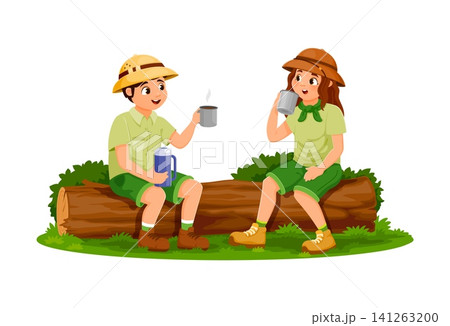Scout kids drink tea and talk sitting on tree log, cartoon boy and girl explorer characters. Young children scout or adventurer friends with coffee in thermos and camp conversation on tree stump Scout kids drink tea and talk sitting on tree log, cartoon boy and girl explorer characters. Young children scout or adventurer friends with coffee in thermos and camp conversation on tree stump 141263200