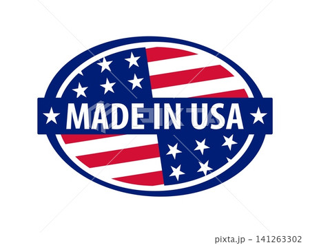 Made in USA badge and American flag for label stamp icon for quality production symbol. Made in USA badge with flag and stars of United States of America for product manufactured in US label Made in USA badge and American flag for label stamp icon for quality production symbol. Made in USA badge with flag and stars of United States of America for product manufactured in US label 141263302