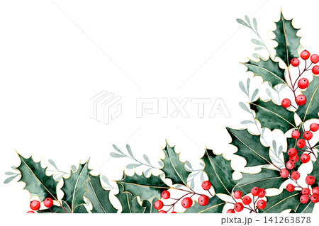 Christmas frame of holly leaves. Watercolor illustration. 141263878