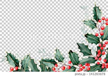 Christmas frame of holly leaves. Watercolor illustration. 141263878