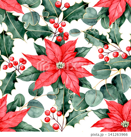 Christmas pattern of red flowers, holly leaves, and spruce branches. Watercolor retro illustration. 141263966