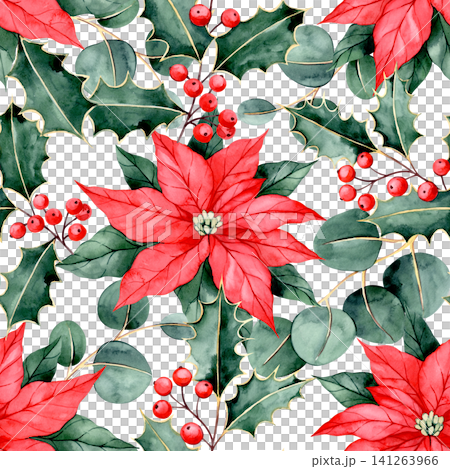 Christmas pattern of red flowers, holly leaves, and spruce branches. Watercolor retro illustration. 141263966