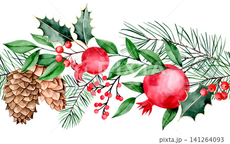 Christmas border of holly leaves, pine cones, and pomegranates. Watercolor illustration. Christmas border of holly leaves, pine cones, and pomegranates. Watercolor illustration. 141264093