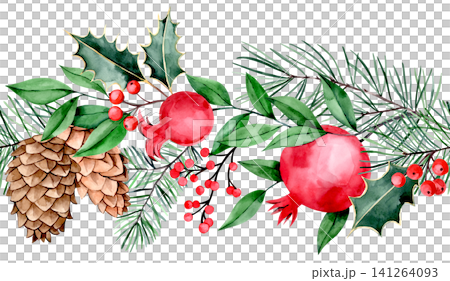 Christmas border of holly leaves, pine cones, and pomegranates. Watercolor illustration. Christmas border of holly leaves, pine cones, and pomegranates. Watercolor illustration. 141264093