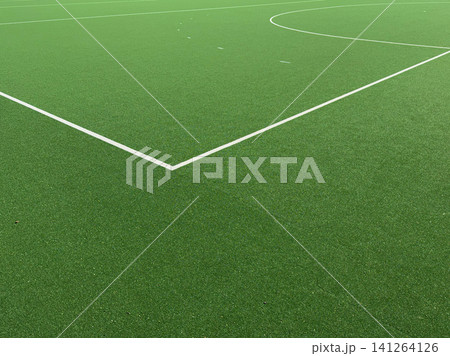 Green artificial turf soccer field with white boundary lines and goalposts visible, surrounded by trees and a clear blue sky in a recreational sports area 141264126