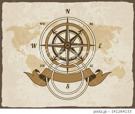 Retro nautical compass. Hand drawn wind rose on map background. Old vector design element for marine theme and heraldry. Vintage rose of wind for sea marine navigation 141264133