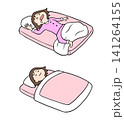 寝相が良い女性と寝相が悪い女性の睡眠スタイルを比較したイラストセット 141264155