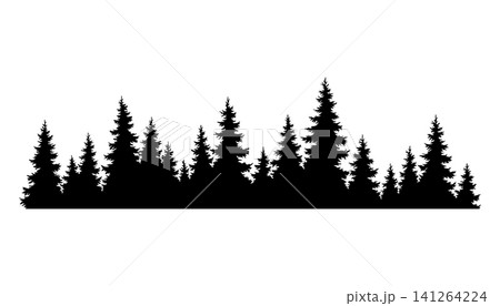 Fir trees silhouette. Coniferous spruce horizontal background pattern, black evergreen woods vector illustration. Beautiful hand drawn panorama of coniferous forest Fir trees silhouette. Coniferous spruce horizontal background pattern, black evergreen woods vector illustration. Beautiful hand drawn panorama of coniferous forest 141264224