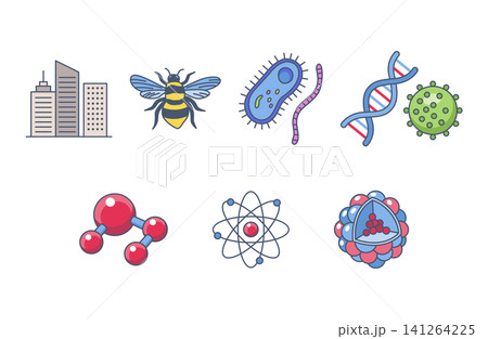 Colorful science icons set showing buildings, insects, microbes and molecular symbols Colorful science icons set showing buildings, insects, microbes and molecular symbols 141264225