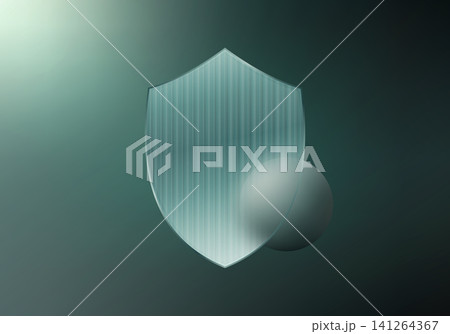 Glass shield with frosted glass texture and sphere on dark green background. Cyber security, data protection and privacy concept Glass shield with frosted glass texture and sphere on dark green background. Cyber security, data protection and privacy concept 141264367