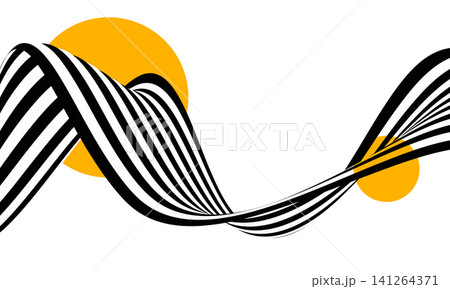 Abstract black and white wave, striped wavy flow vector background with yellow circles. Abstract black and white wave, striped wavy flow vector background with yellow circles. 141264371