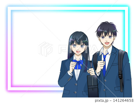 笑顔でリュックとスクールバッグを持つ高校生または中学生の男女のアニメ風イラスト、白バック 笑顔でリュックとスクールバッグを持つ高校生または中学生の男女のアニメ風イラスト、白バック 141264658