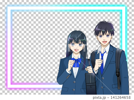 Anime-style illustration of smiling high school or junior high school students with backpacks and school bags, white background Anime-style illustration of smiling high school or junior high school students with backpacks and school bags, white background 141264658