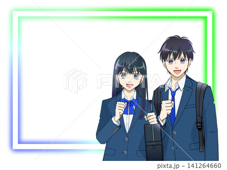 笑顔でリュックとスクールバッグを持つ高校生または中学生の男女のアニメ風イラスト、白バック 笑顔でリュックとスクールバッグを持つ高校生または中学生の男女のアニメ風イラスト、白バック 141264660