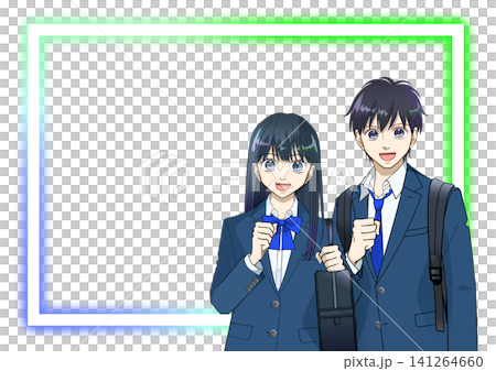 笑顔でリュックとスクールバッグを持つ高校生または中学生の男女のアニメ風イラスト、白バック 笑顔でリュックとスクールバッグを持つ高校生または中学生の男女のアニメ風イラスト、白バック 141264660