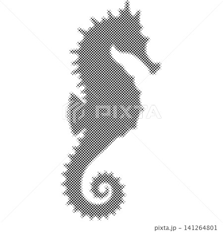Black and white halftone pattern of a seahorse with a curved tail. Black and white halftone pattern of a seahorse with a curved tail. 141264801