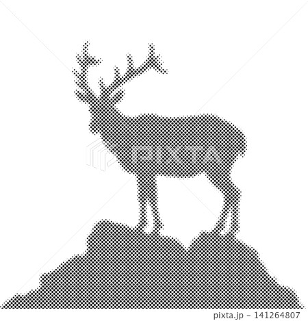 Black and white halftone print of deer on rocky terrain, majestic animal with antlers. Black and white halftone print of deer on rocky terrain, majestic animal with antlers. 141264807