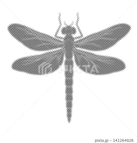 Dragonfly with wide wings and a long slender body depicted in a halftone dot pattern. Dragonfly with wide wings and a long slender body depicted in a halftone dot pattern. 141264826