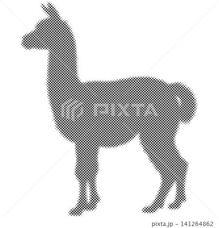 Llama silhouette, halftone dot pattern, standing side view, black and white graphic design. Llama silhouette, halftone dot pattern, standing side view, black and white graphic design. 141264862