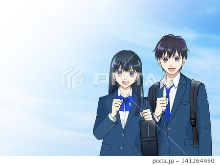 笑顔でリュックとスクールバッグを持つ高校生または中学生の男女のアニメ風イラスト 141264950