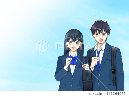 笑顔でリュックとスクールバッグを持つ高校生または中学生の男女のアニメ風イラスト 笑顔でリュックとスクールバッグを持つ高校生または中学生の男女のアニメ風イラスト 141264953