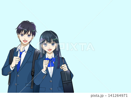 リュックとスクールバッグを持つ高校生または中学生の男女のアニメ風イラスト リュックとスクールバッグを持つ高校生または中学生の男女のアニメ風イラスト 141264971