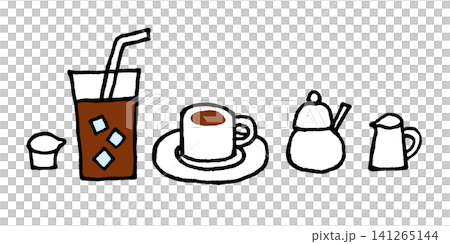 Hand-drawn line art style illustrations of coffee and iced coffee. Hand-drawn line art style illustrations of coffee and iced coffee. 141265144