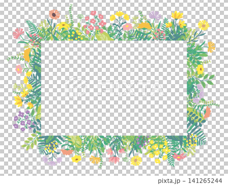 A frame with flowers and plants cut out in a square shape. Warm colors that evoke the image of spring. A frame with flowers and plants cut out in a square shape. Warm colors that evoke the image of spring. 141265244