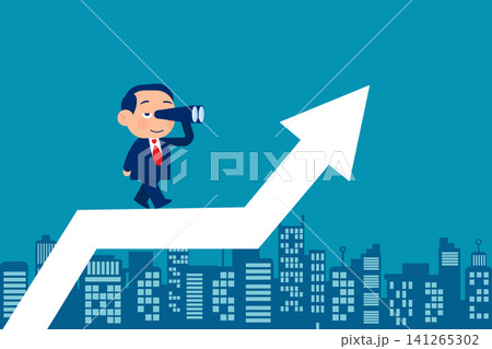 Ambitious businessman walking up a rising growth arrow while looking through a telescope to find new opportunities and future success Ambitious businessman walking up a rising growth arrow while looking through a telescope to find new opportunities and future success 141265302