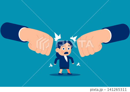 Cute little business. Stressed businesswoman stands between two giant clenched fists that are about to collide to represent intense professional conflict. Cute little business. Stressed businesswoman stands between two giant clenched fists that are about to collide to represent intense professional conflict. 141265311