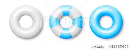 Vector 3d Blue and White Inflatable Swim Rings Isolated. Blank Pool Float Set. Inflatable Rubber Tube for Summer Beach and Pool Design. Realistic Swim Ring Mockup Vector 3d Blue and White Inflatable Swim Rings Isolated. Blank Pool Float Set. Inflatable Rubber Tube for Summer Beach and Pool Design. Realistic Swim Ring Mockup 141265443