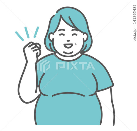 ガッツポーズをする肥満体型の中年女性のイラスト(目標達成・成功) ガッツポーズをする肥満体型の中年女性のイラスト(目標達成・成功) 141265483