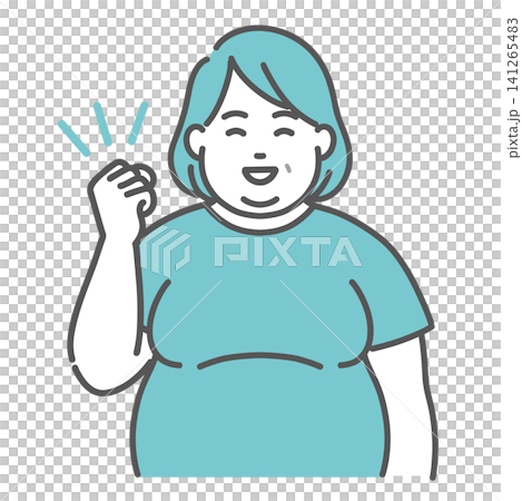 ガッツポーズをする肥満体型の中年女性のイラスト(目標達成・成功) ガッツポーズをする肥満体型の中年女性のイラスト(目標達成・成功) 141265483