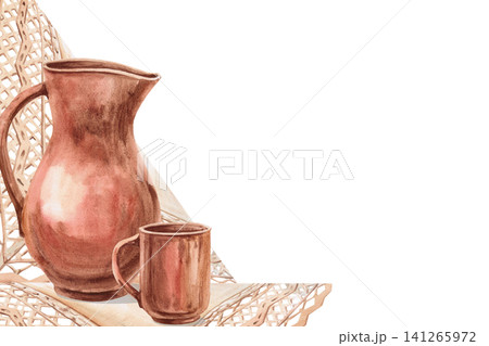 Rectangular frame with a clay jug and a mug on a lace tablecloth background. Isolated watercolor illustration is perfect for invitations, cards, wedding design, nature blogs, and crafts. Rectangular frame with a clay jug and a mug on a lace tablecloth background. Isolated watercolor illustration is perfect for invitations, cards, wedding design, nature blogs, and crafts. 141265972