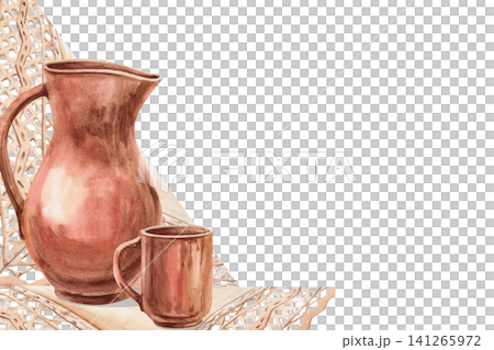 Rectangular frame with a clay jug and a mug on a lace tablecloth background. Isolated watercolor illustration is perfect for invitations, cards, wedding design, nature blogs, and crafts. Rectangular frame with a clay jug and a mug on a lace tablecloth background. Isolated watercolor illustration is perfect for invitations, cards, wedding design, nature blogs, and crafts. 141265972
