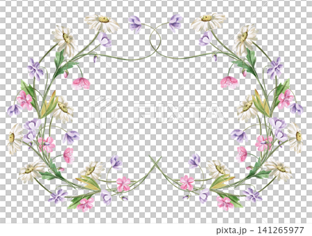 A rectangular frame of wildflowers. This isolated watercolor illustration is perfect for invitations, cards, wedding designs, children's products, nature blogs, and crafts. 141265977