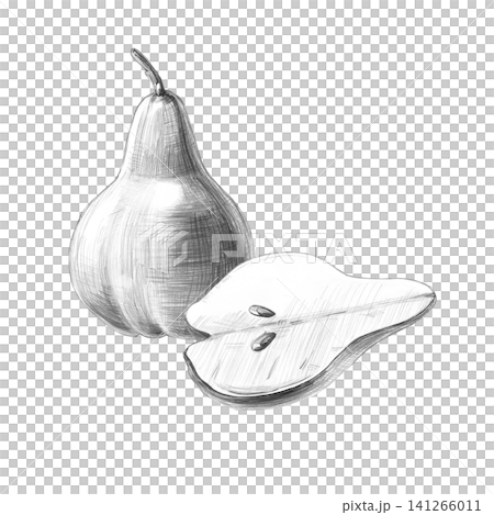 A whole pear and a half. Isolated detailed pencil illustration for restaurants, cafes, culinary blogs, food brands, farms, and grocery stores. A whole pear and a half. Isolated detailed pencil illustration for restaurants, cafes, culinary blogs, food brands, farms, and grocery stores. 141266011