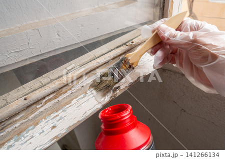 Hand in Transparent Glove with Brush Applying Paint Remover Gel to Old Wooden Window Frame Hand in Transparent Glove with Brush Applying Paint Remover Gel to Old Wooden Window Frame 141266134