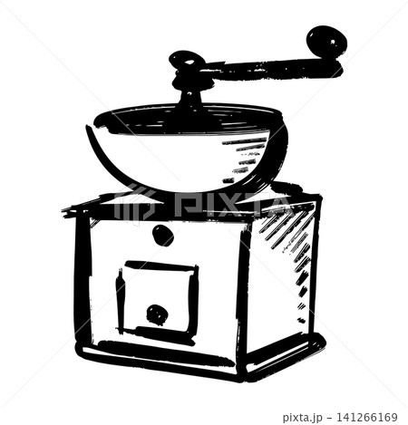 Hand drawn vector illustration of a vintage manual coffee grinder isolated on white background, black ink sketch style 141266169